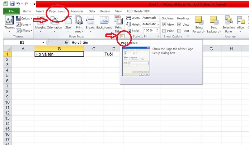buoc1chonpagelayoutchonpagesetup cách đánh số trang trong excel nhanh